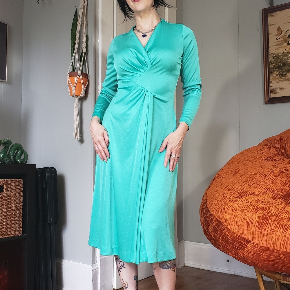 1970s Vintage Seafoam Green Handmade Long-sleeve Midi Dress Medium 70s Retro - Picture 10 of 13
